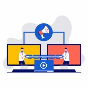 Link building, SEO, backlink strategy, inbound links, concept with characters. Two monitor are connected by a chain. Modern vector illustration in flat style for landing page, hero images