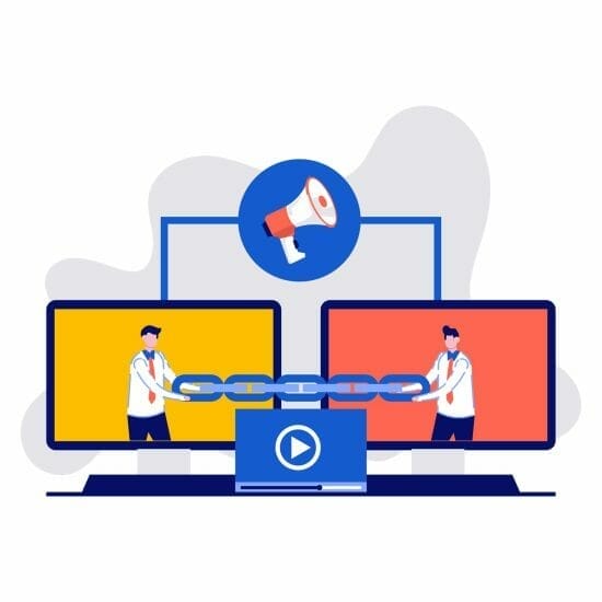 Link building, SEO, backlink strategy, inbound links, concept with characters. Two monitor are connected by a chain. Modern vector illustration in flat style for landing page, hero images