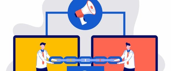 Link building, SEO, backlink strategy, inbound links, concept with characters. Two monitor are connected by a chain. Modern vector illustration in flat style for landing page, hero images