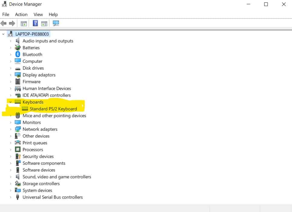 device manager with keyboard in focus