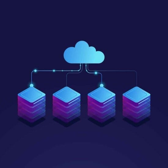 Server room, cloud storage icon, datacenter and database concept, data exchange process isometric