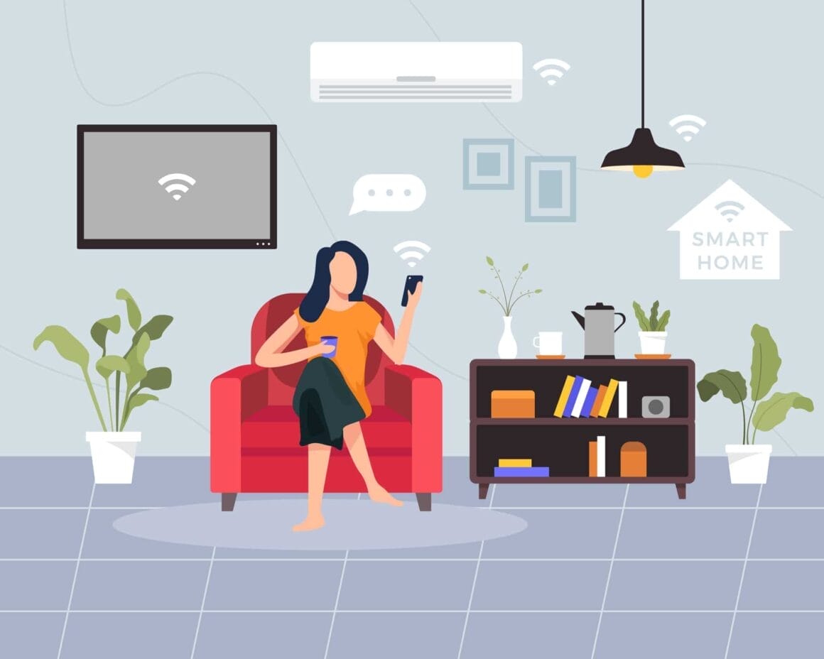 Smart home concept illustration. Concept of house technology system with wireless centralized control using one of the best smart light switches. Young woman sit on the sofa holding smartphone. Vector illustration in a flat style