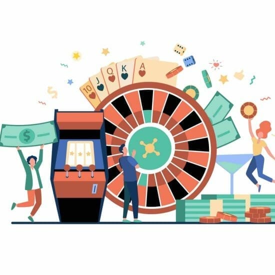 People playing poker and winning money. Gamblers with roulette, slot machine, and chips. Vector illustration for online casino, poker club, blackjack, gambling concepts