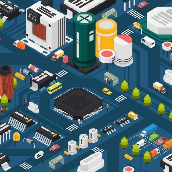 Colored semiconductor electronic components isometric city concept with different elements combined in city vector illustration