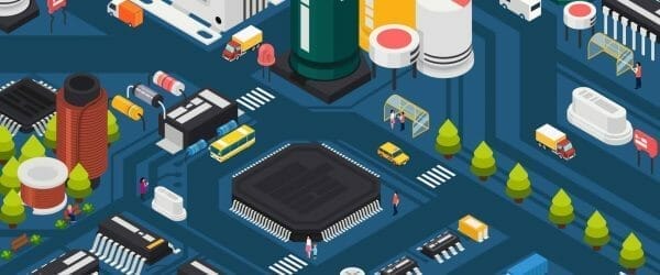 Colored semiconductor electronic components isometric city concept with different elements combined in city vector illustration