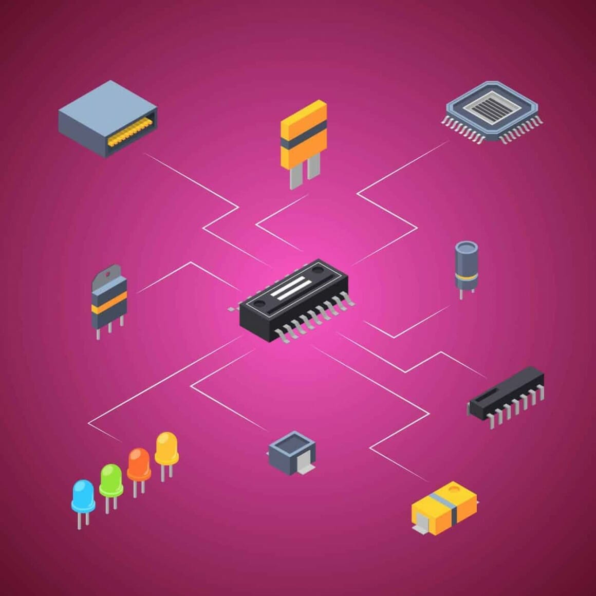 Vector isometric transistor and electronic parts icons infographic connection concept illustration