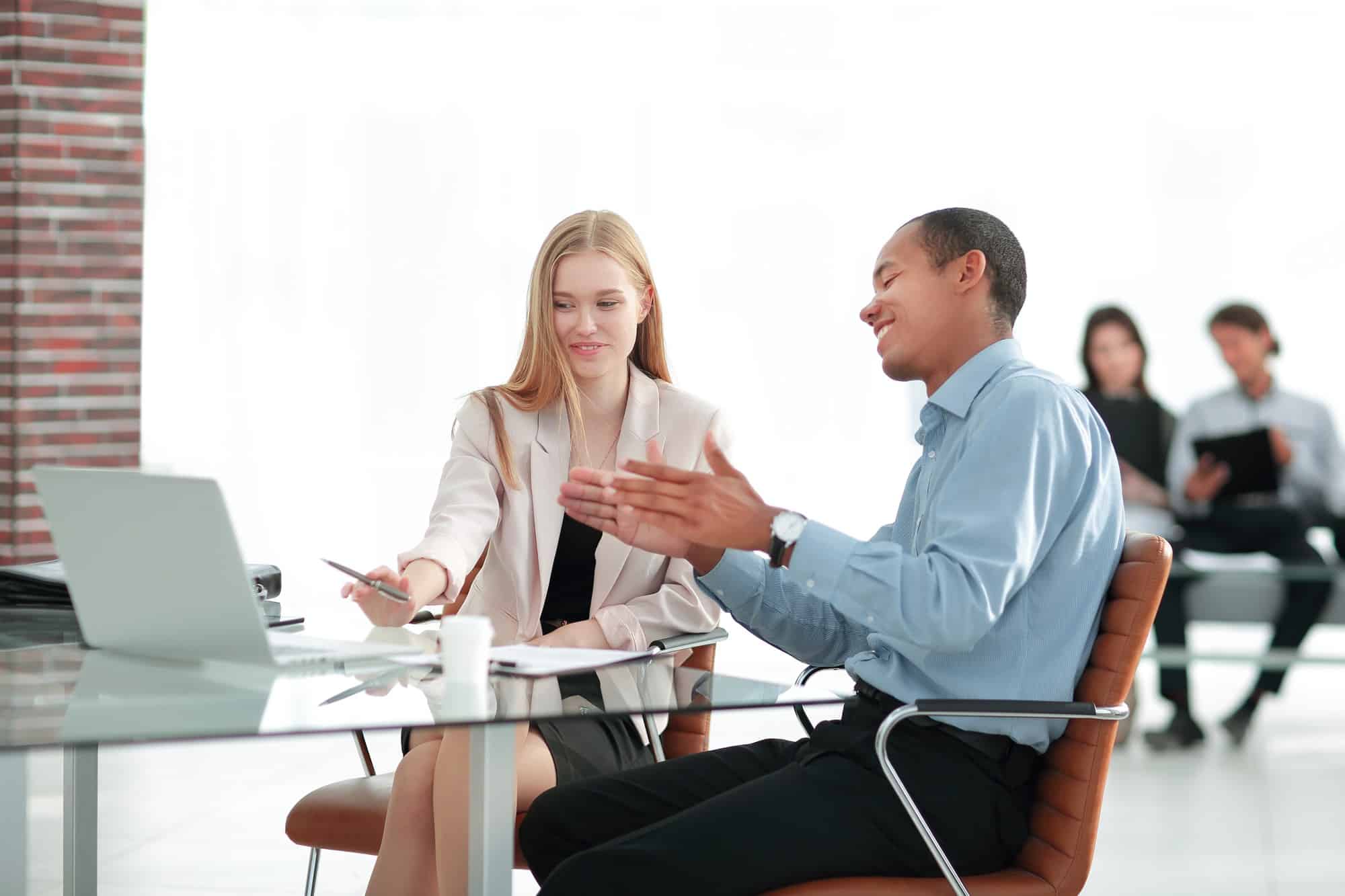 young business colleagues talking desk photo with place