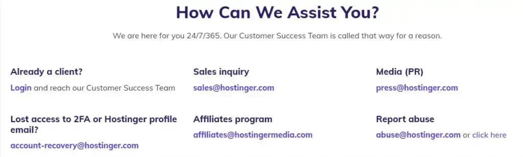 Hostinger support email addresses