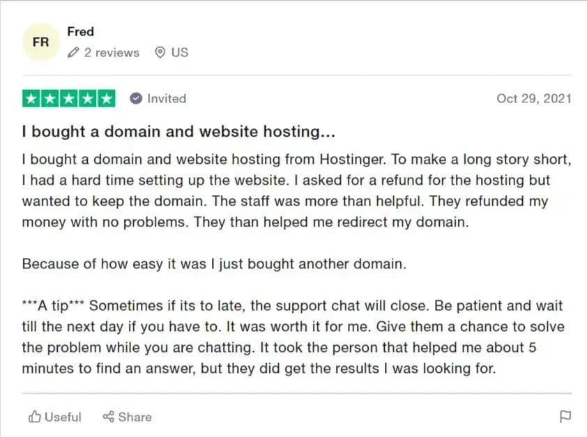 Hostinger Trustpilot review
