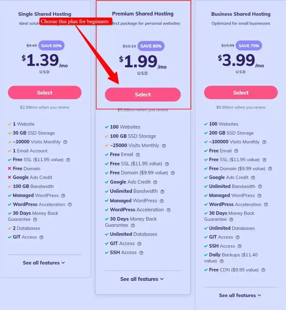 Hostinger plan selection