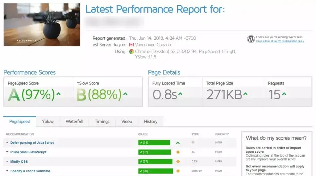 Hostinger GTmetrix test with caching