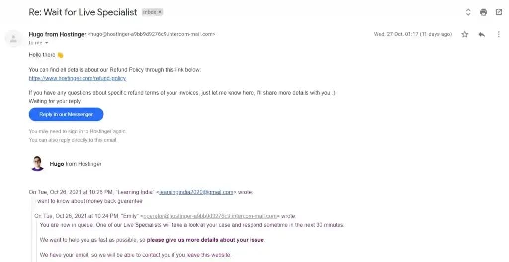 Hostinger live chat response