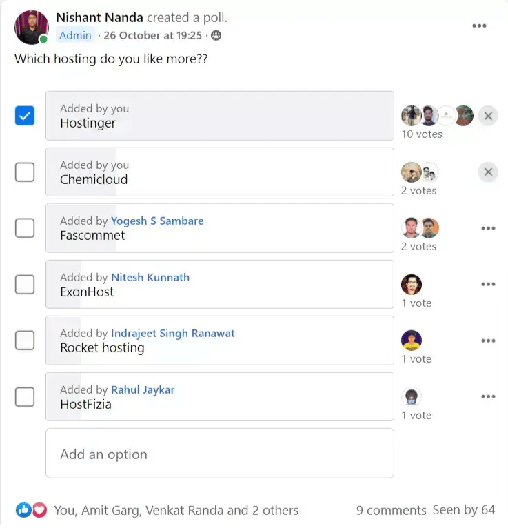 Facebook poll results Hostinger vs Chemicloud