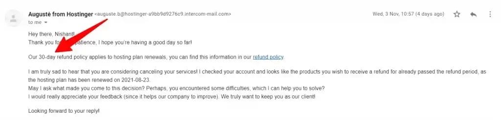 Hostinger renewal refund policy