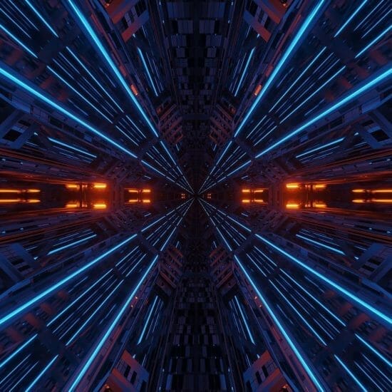 futuristic symmetry reflection abstract background with orange blue neon lights