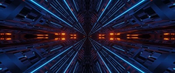 futuristic symmetry reflection abstract background with orange blue neon lights