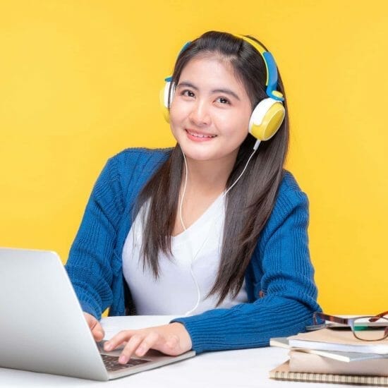 portrait beautiful young woman studying table with laptop computer notebook home studying online e learning system