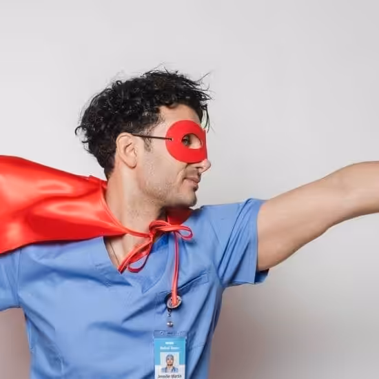 brave doctor in flying superhero cape with fist stretched