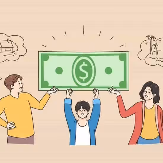 Happy family with kids holding dollar banknote