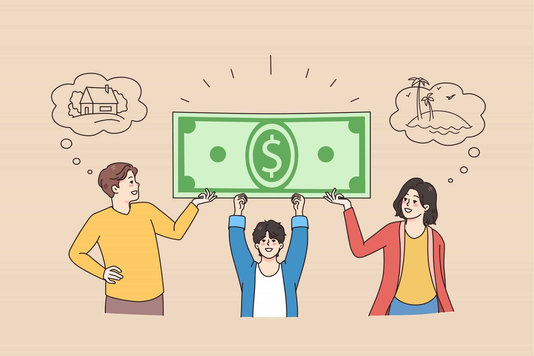 Happy family with kid carry dollar banknote saving for goal accomplishments. Smiling parents with child take bank mortgage or loan for plan realization.