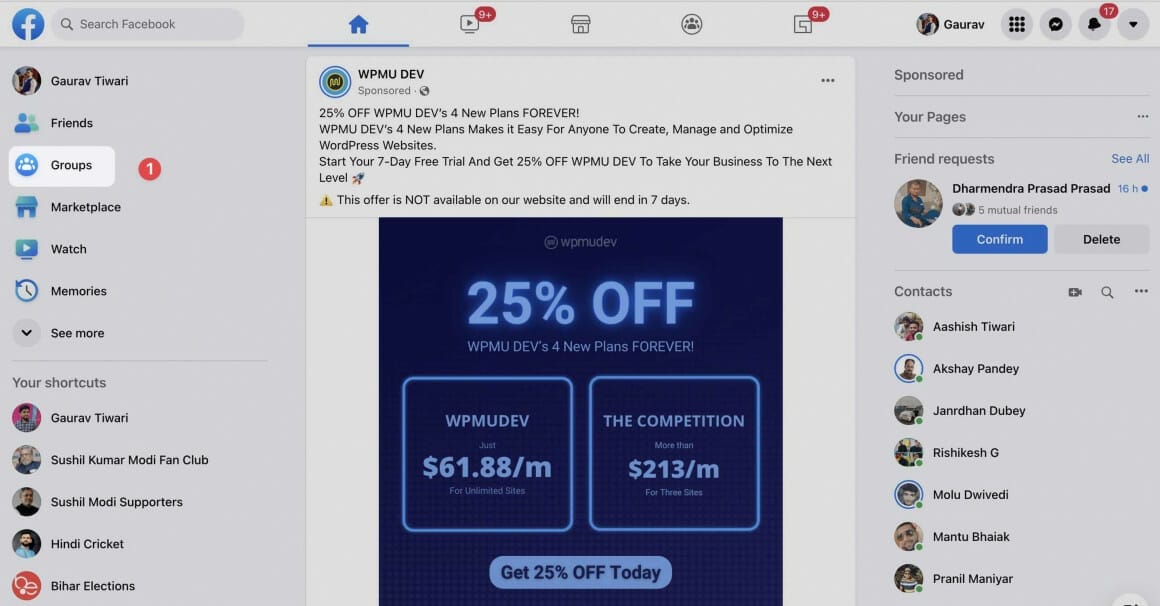 Facebook Groups in Menu