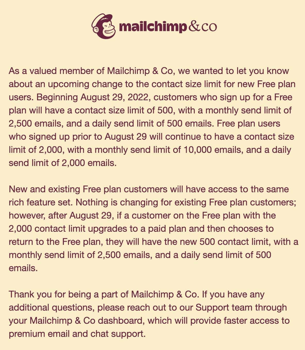 mailchimp plan change email screenshot