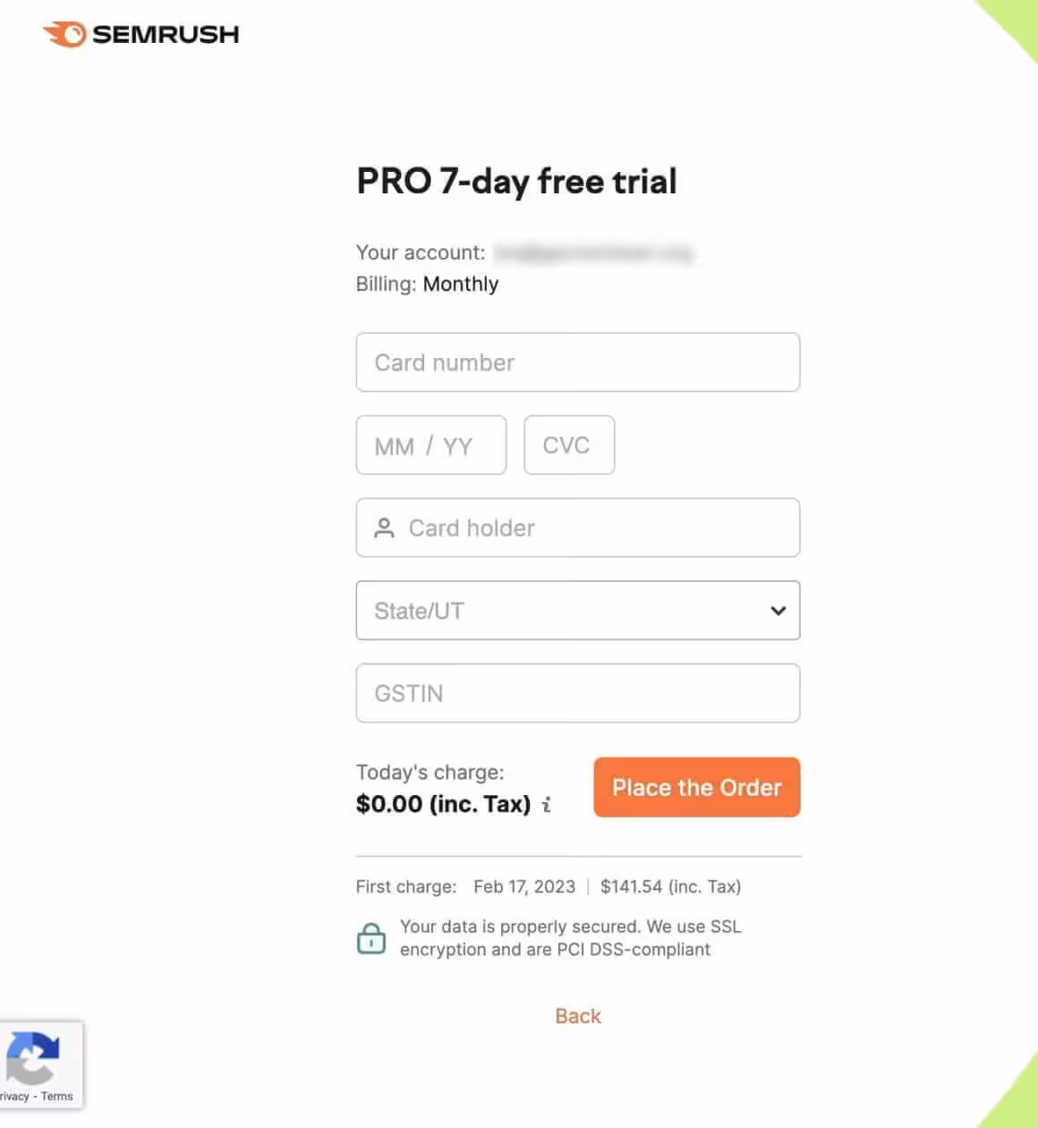 Semrush payment page