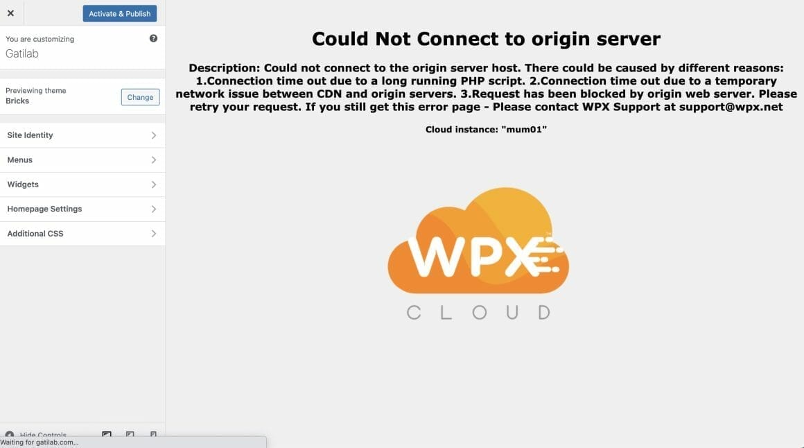 Could not connect to origin server error in WPX