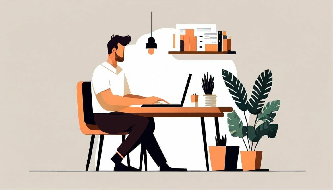 illustration man working from home businessman sitting desk using laptop concept time project management