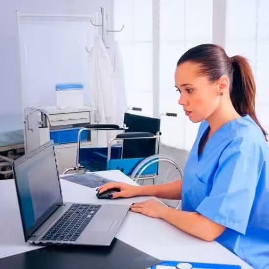 nurse analysing list patients laptop therapist typing computer consult patient online medical physician medicine uniform writing list consulted diagnosed patients making research