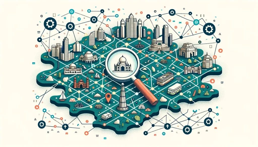 Illustration of a map of Delhi highlighting various landmarks