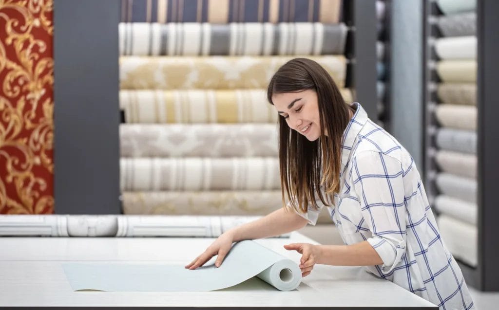 young woman store chooses wallpaper her home concept repair shopping