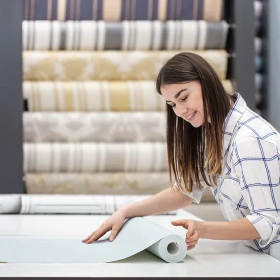 young woman store chooses wallpaper her home concept repair shopping