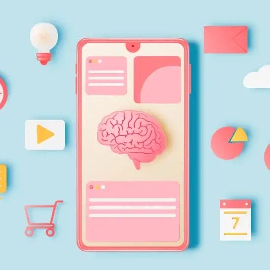 a pink cellphone with a brain on the screen