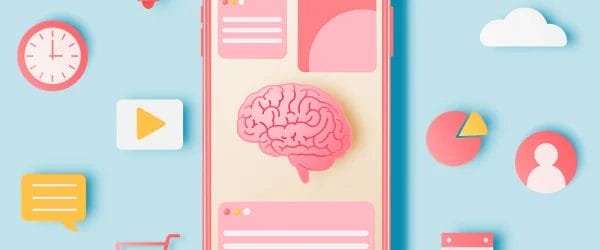 a pink cellphone with a brain on the screen