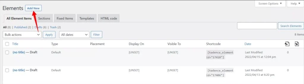 how to create kadence elements