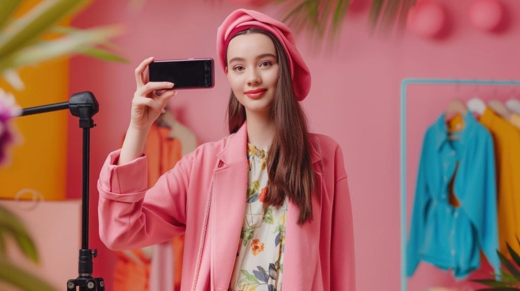 Fashion influencer live streaming a shopping haul showcasing new outfits and accessories engaging with followers through realtime interaction 1