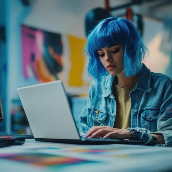 a woman with blue hair using a laptop