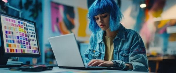 a woman with blue hair using a laptop