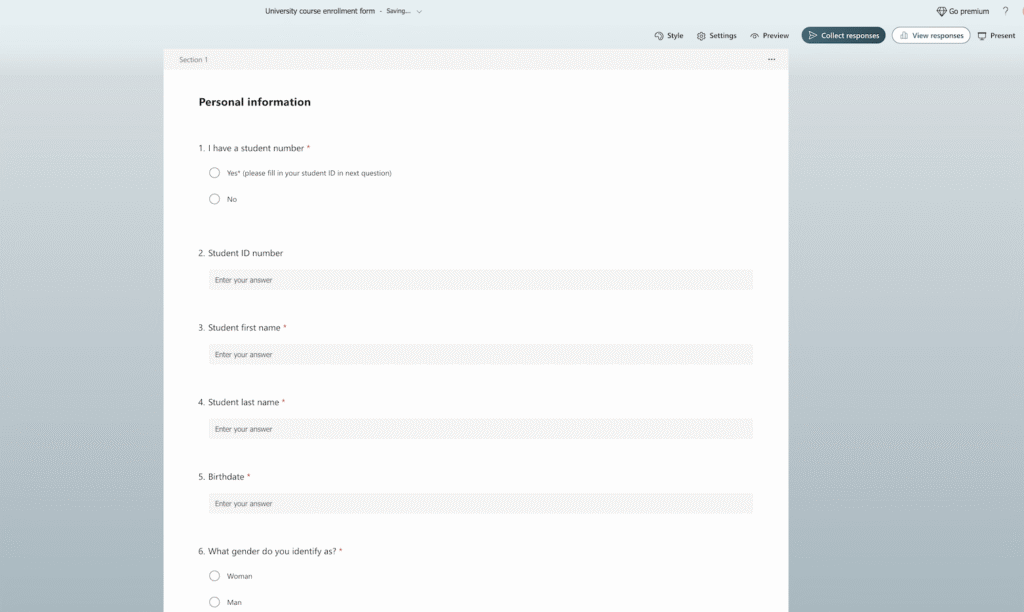 University course enrollment form2025