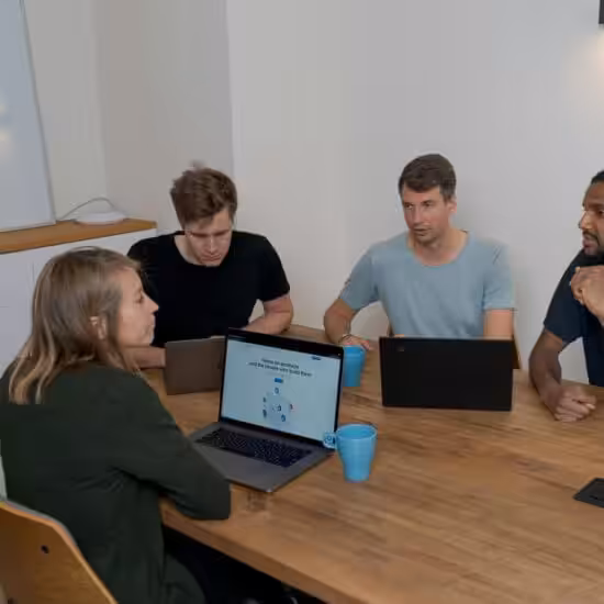 Team collaborating over laptops in meeting.