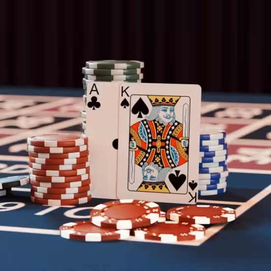 a casino table with poker chips and playing cards