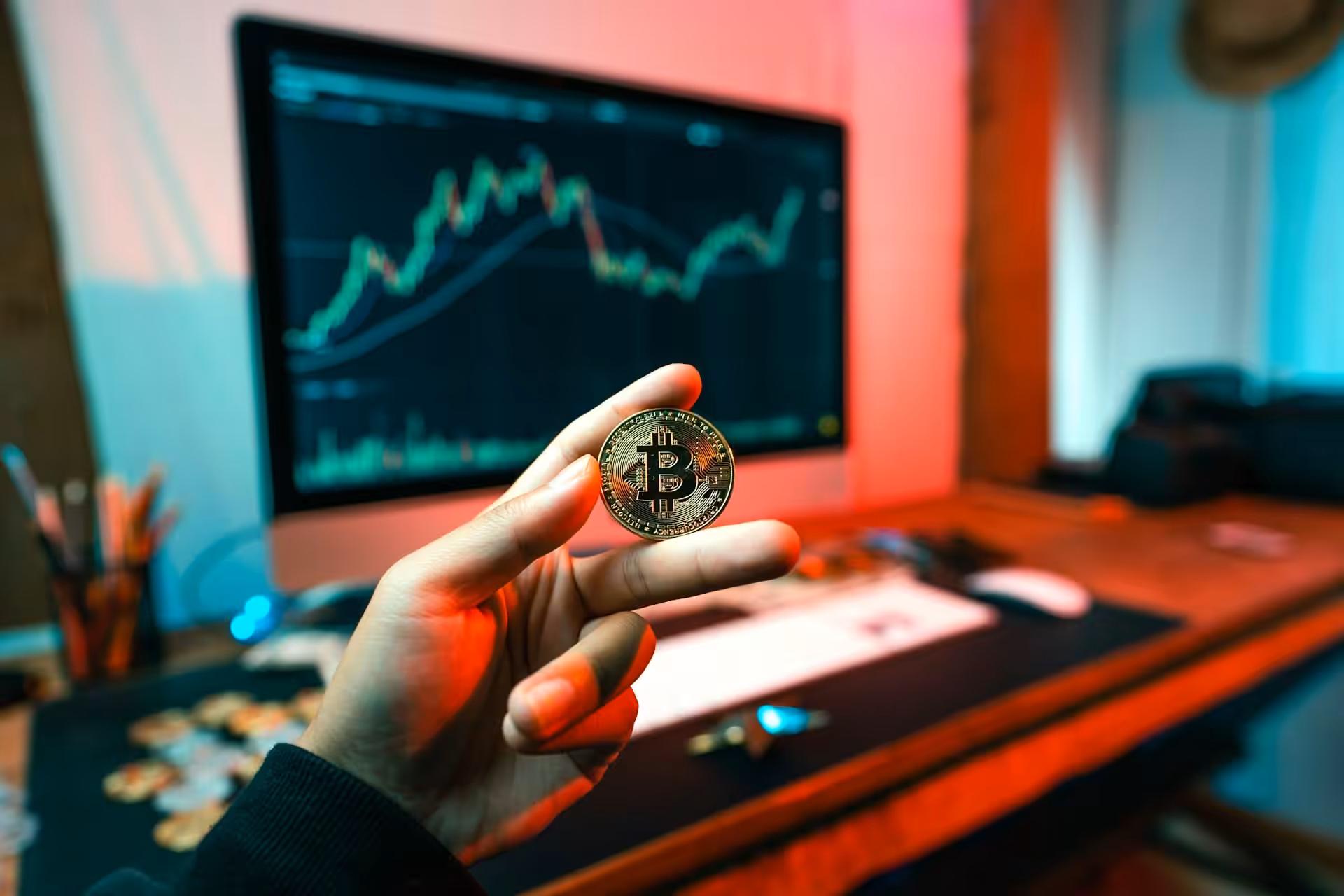 a person holding a coin in front of a computer